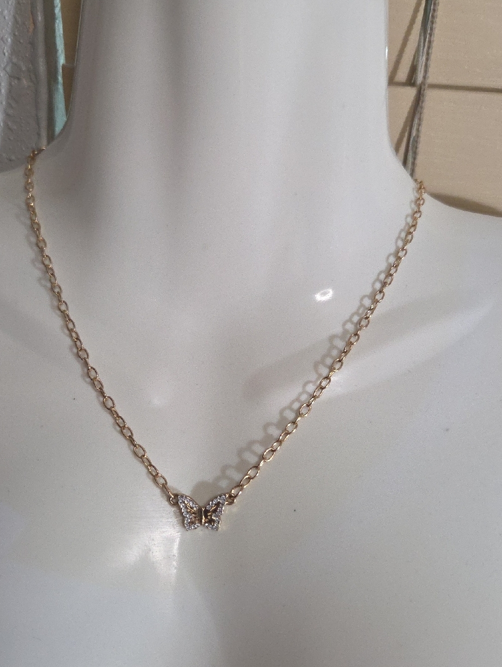 Gold Dainty Rhinestone Butterfly Pendant Charm Chain Necklace